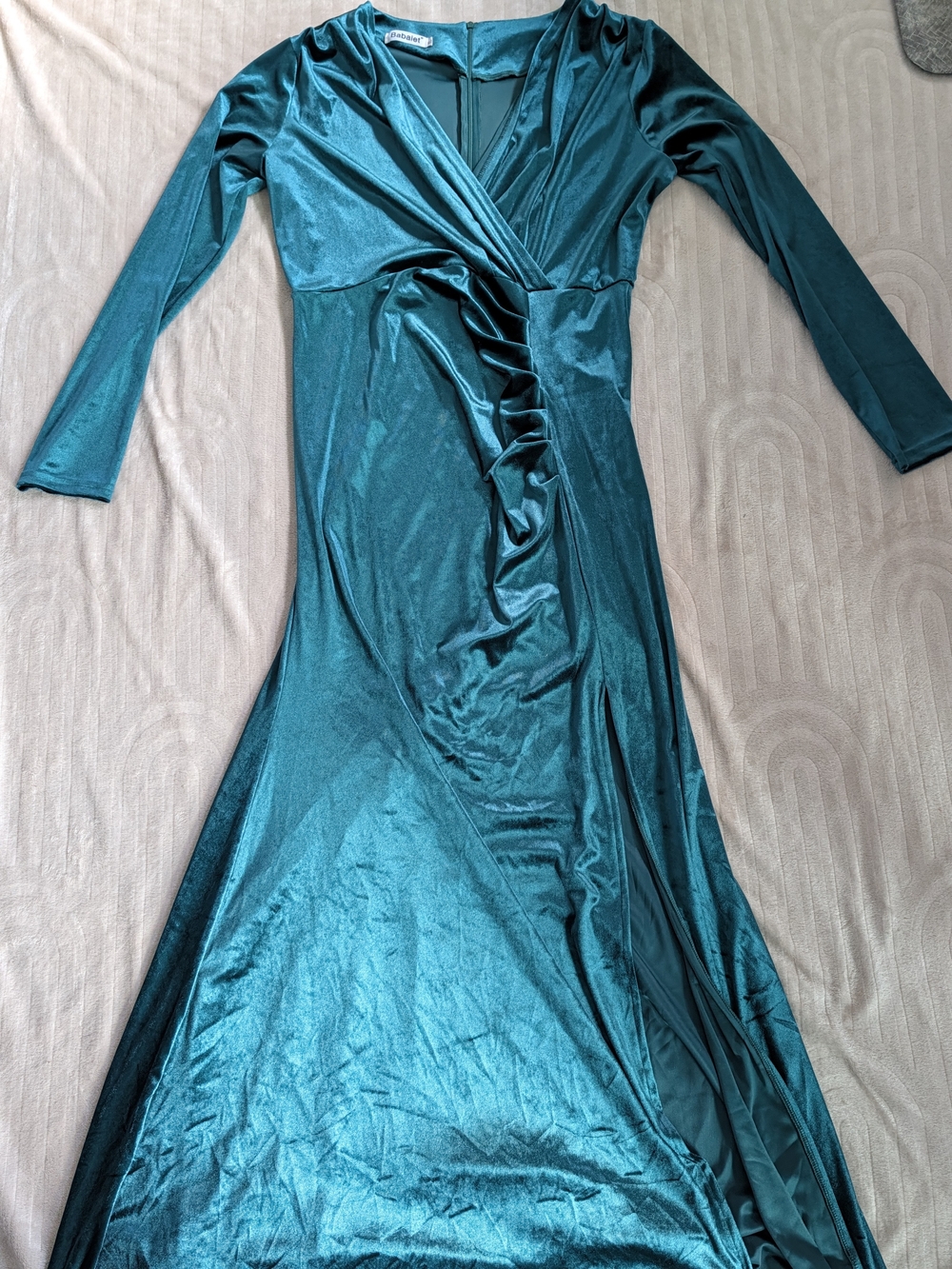 Teal Long-Sleeve Velvet Wrap Maxi Dress